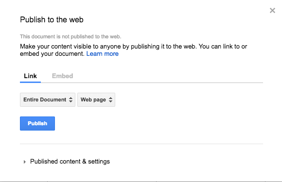 Publish to the web screen